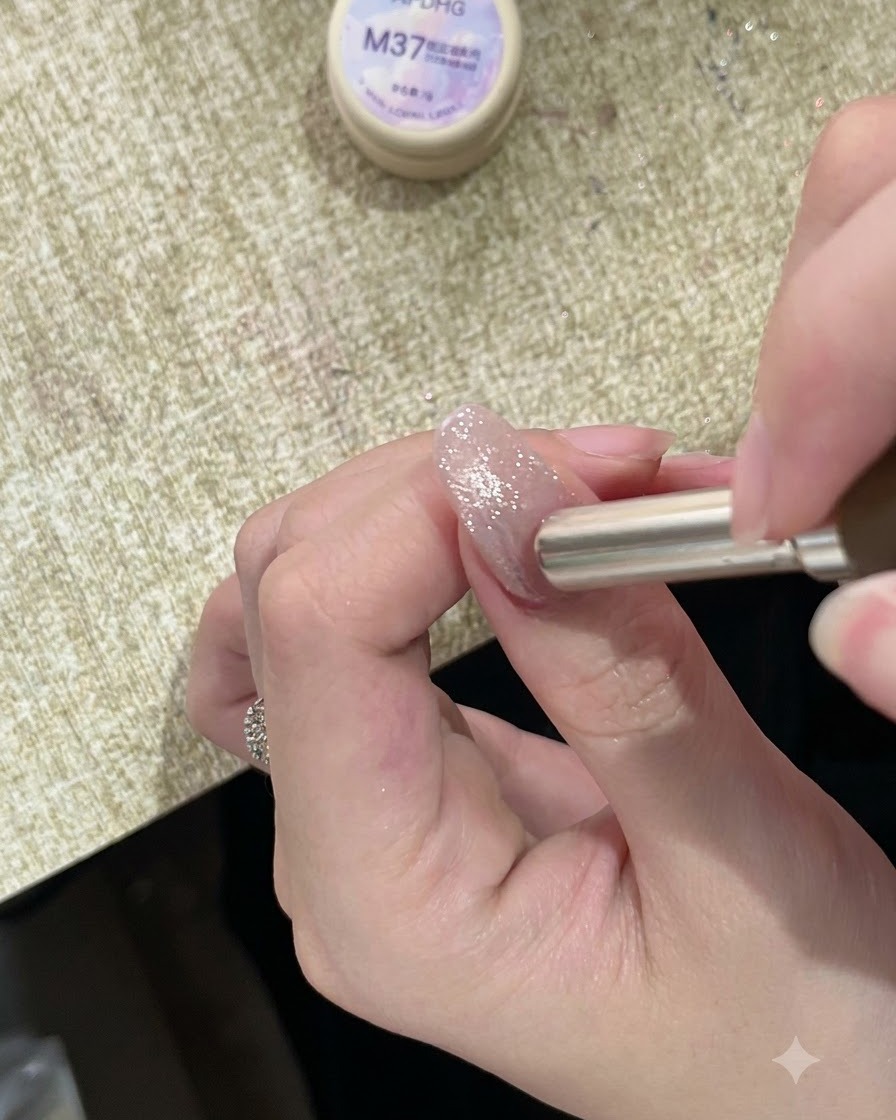 Un aimant cylindrique maintenu près de la cuticule dun ongle peint et scintillant, orientant les reflets magnétiques vers le haut.