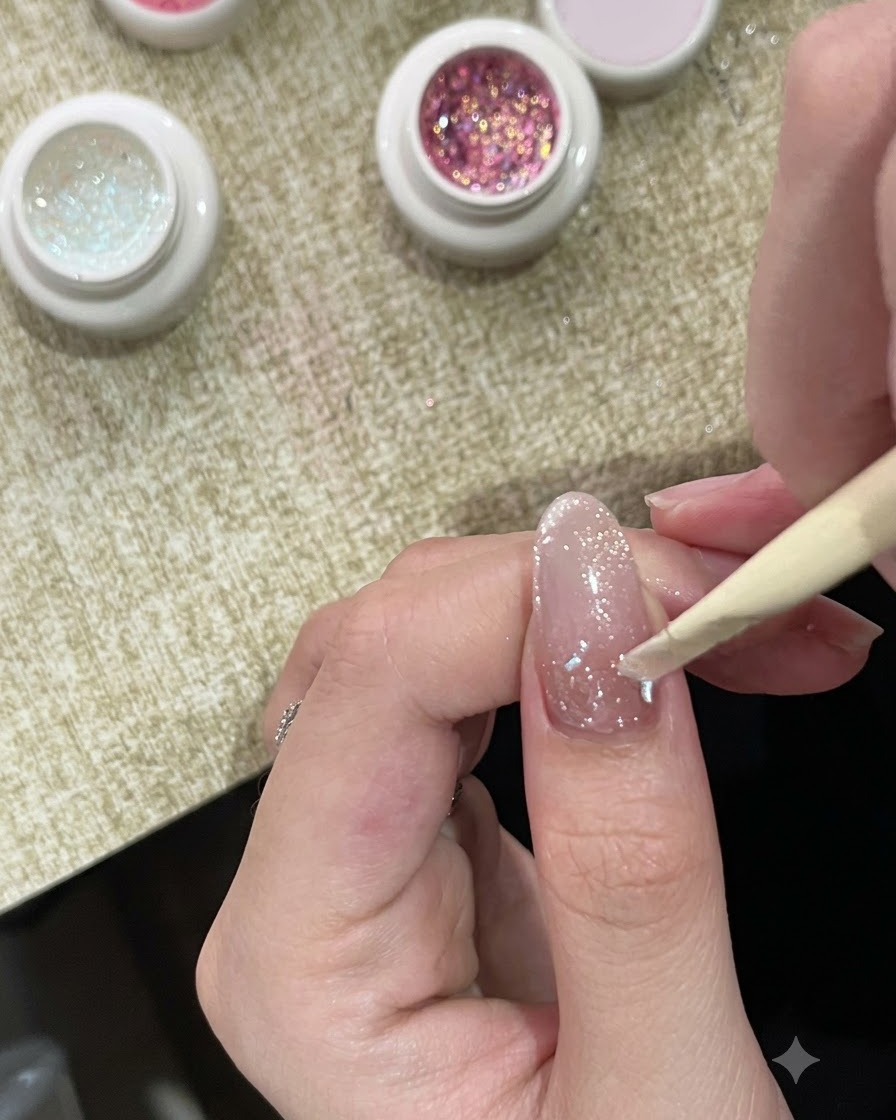 Un bâtonnet de buis pour cuticules plaquant un gel bulle scintillant, épais et aux reflets irisés près de la zone des cuticules dun ongle peint.