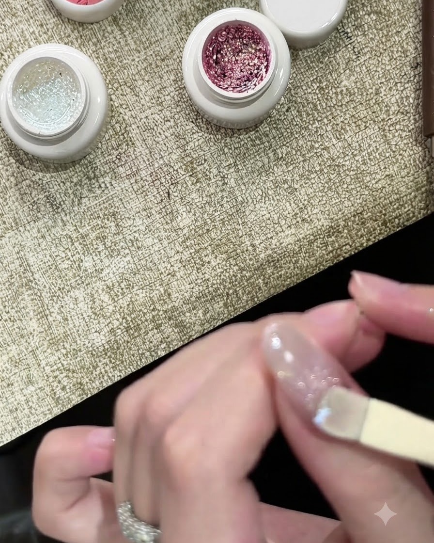 Une main faisant catalyser la couche de gel bulle blanc scintillant sous une lampe à ongles.