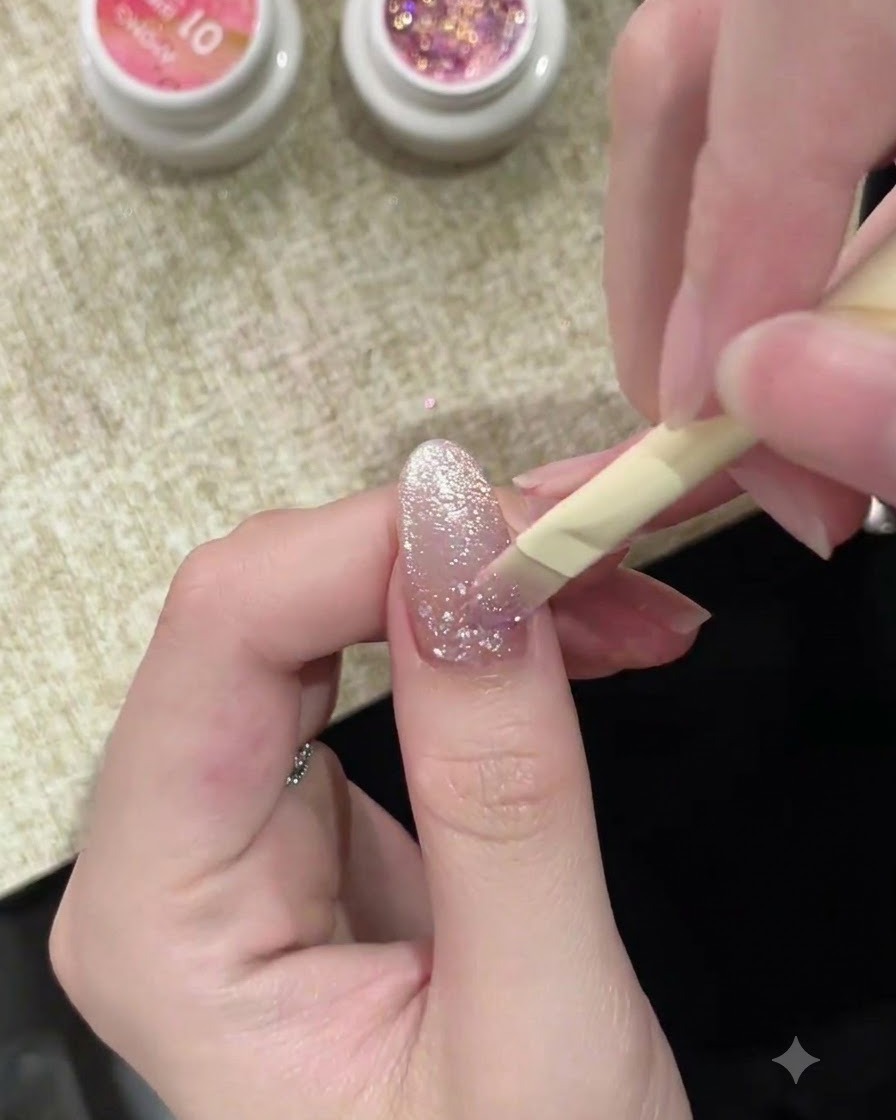 Un pinceau à ongles appliquant délicatement un gel rose translucide par-dessus la base texturée en gel bulle.