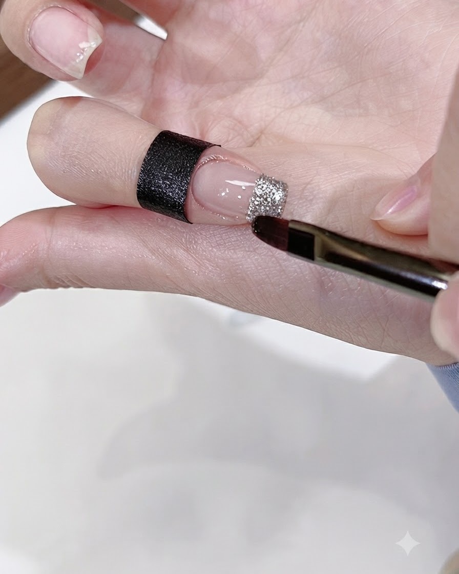 Un pinceau à nail art plat appliquant du gel à paillettes argentées sur le bord libre dun ongle nude.