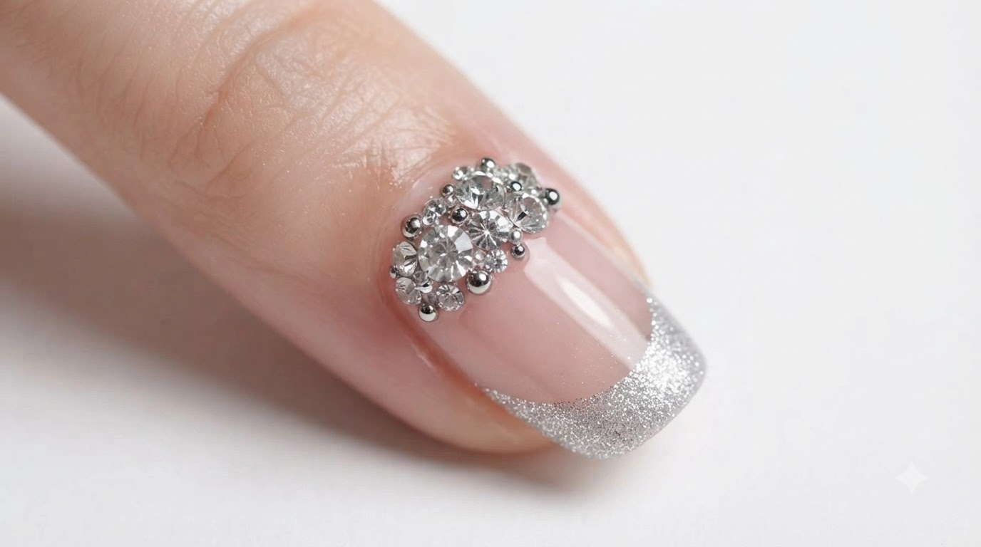 French Manucure à Paillettes Argentées et Strass — Tutoriel Étape par Étape