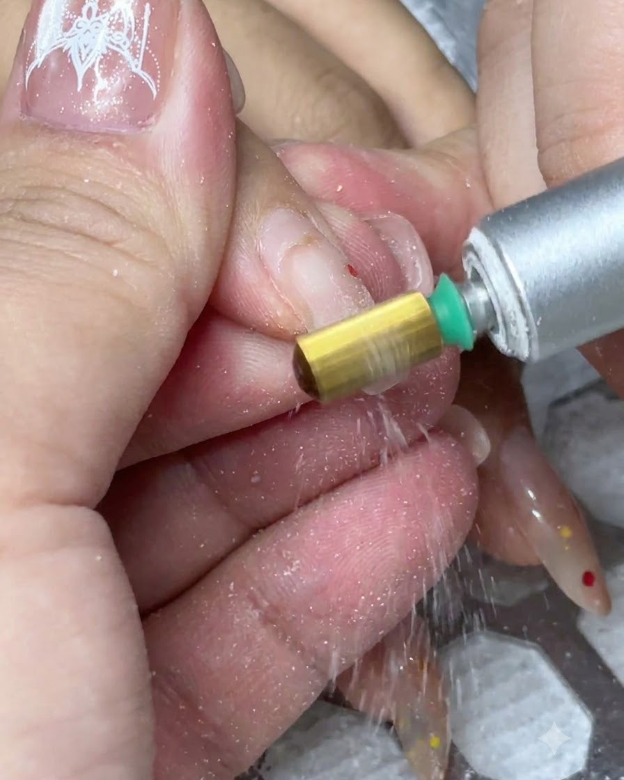 Une ponceuse électrique équipée dun embout en carbure doré retirant lancien produit en gel dun ongle naturel.