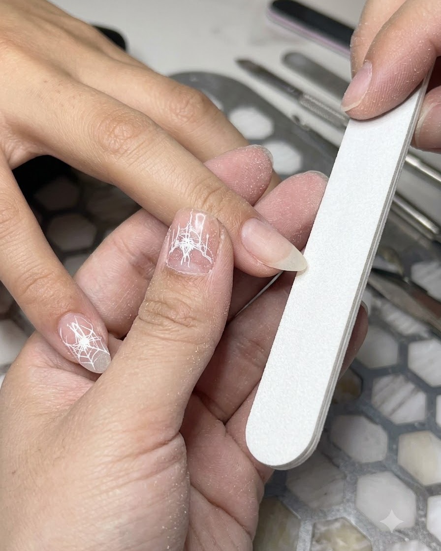 Une main tenant une lime à ongles pour façonner le bord libre dun ongle naturel en une douce forme damande.