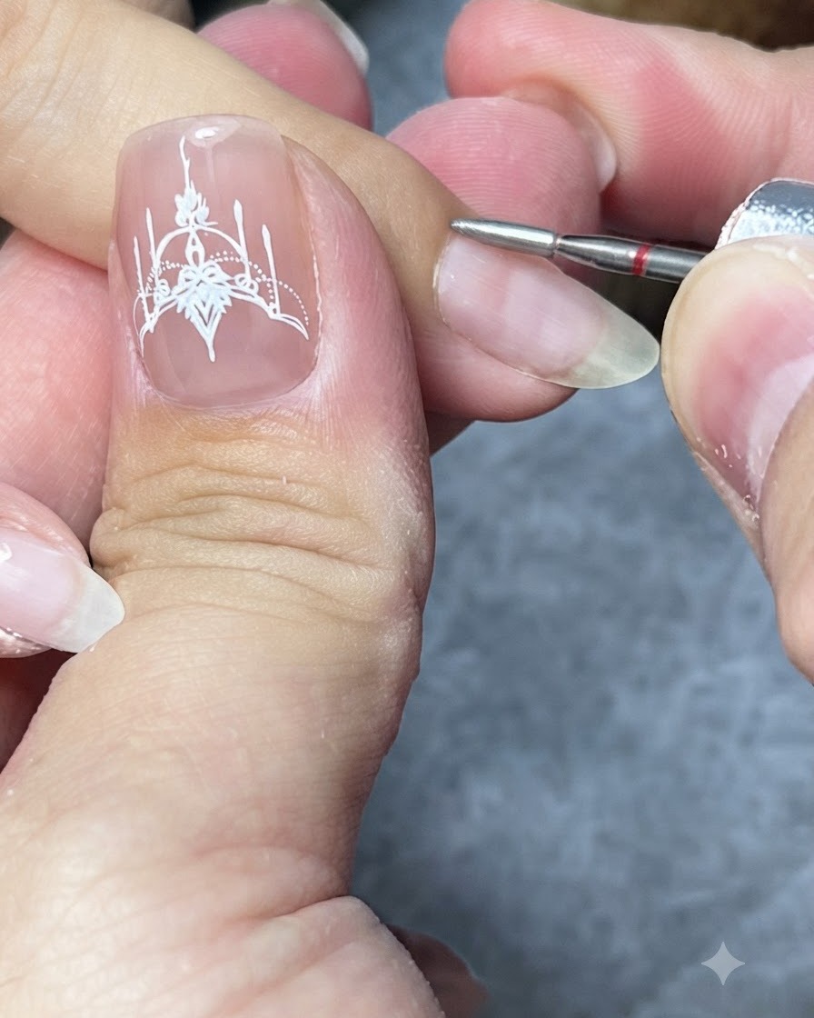 Une ponceuse électrique avec un petit embout diamant nettoyant la poche de cuticule dun ongle.