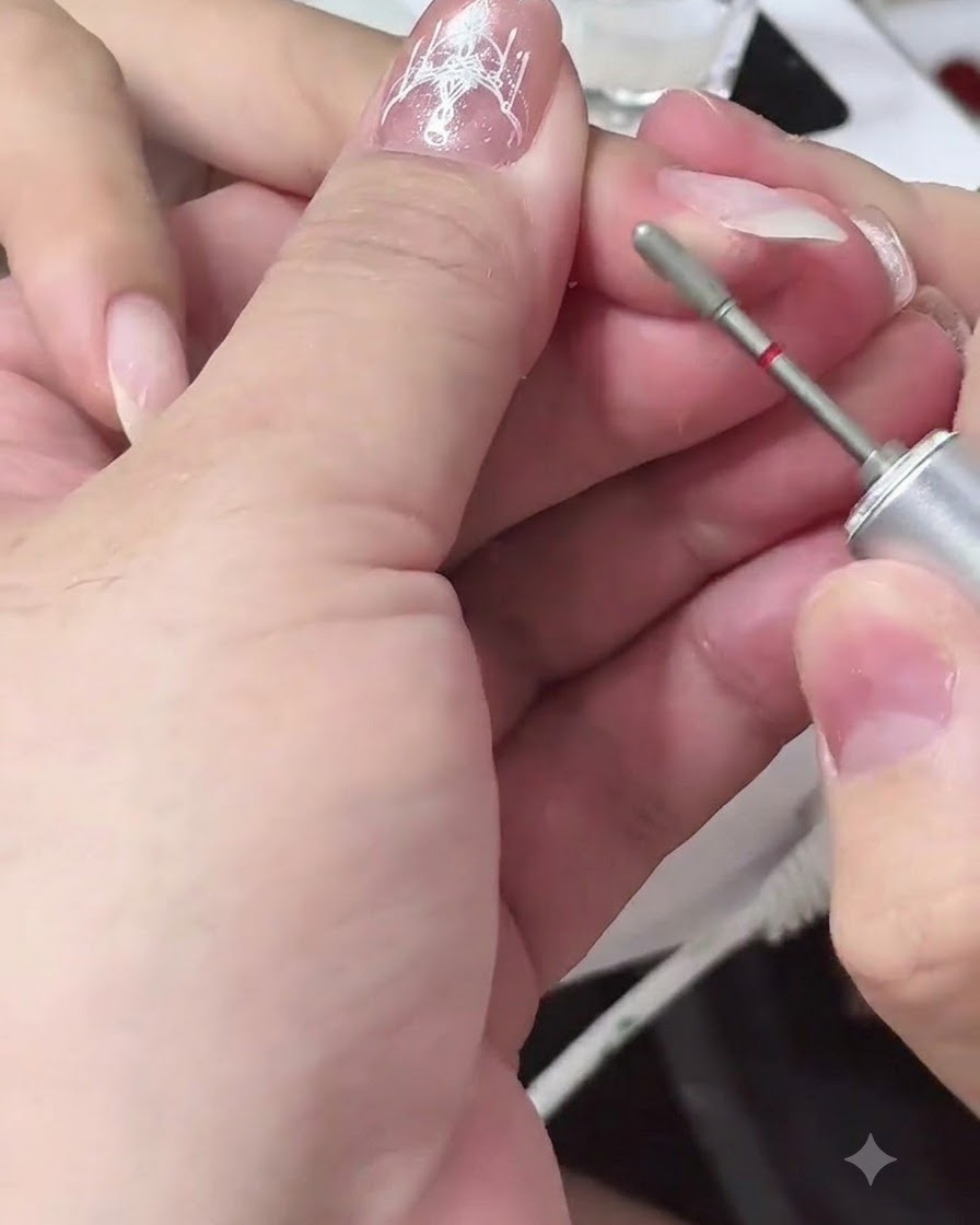 Un pinceau appliquant du gel de construction transparent sur une plaque dongle préparée pour structurer.