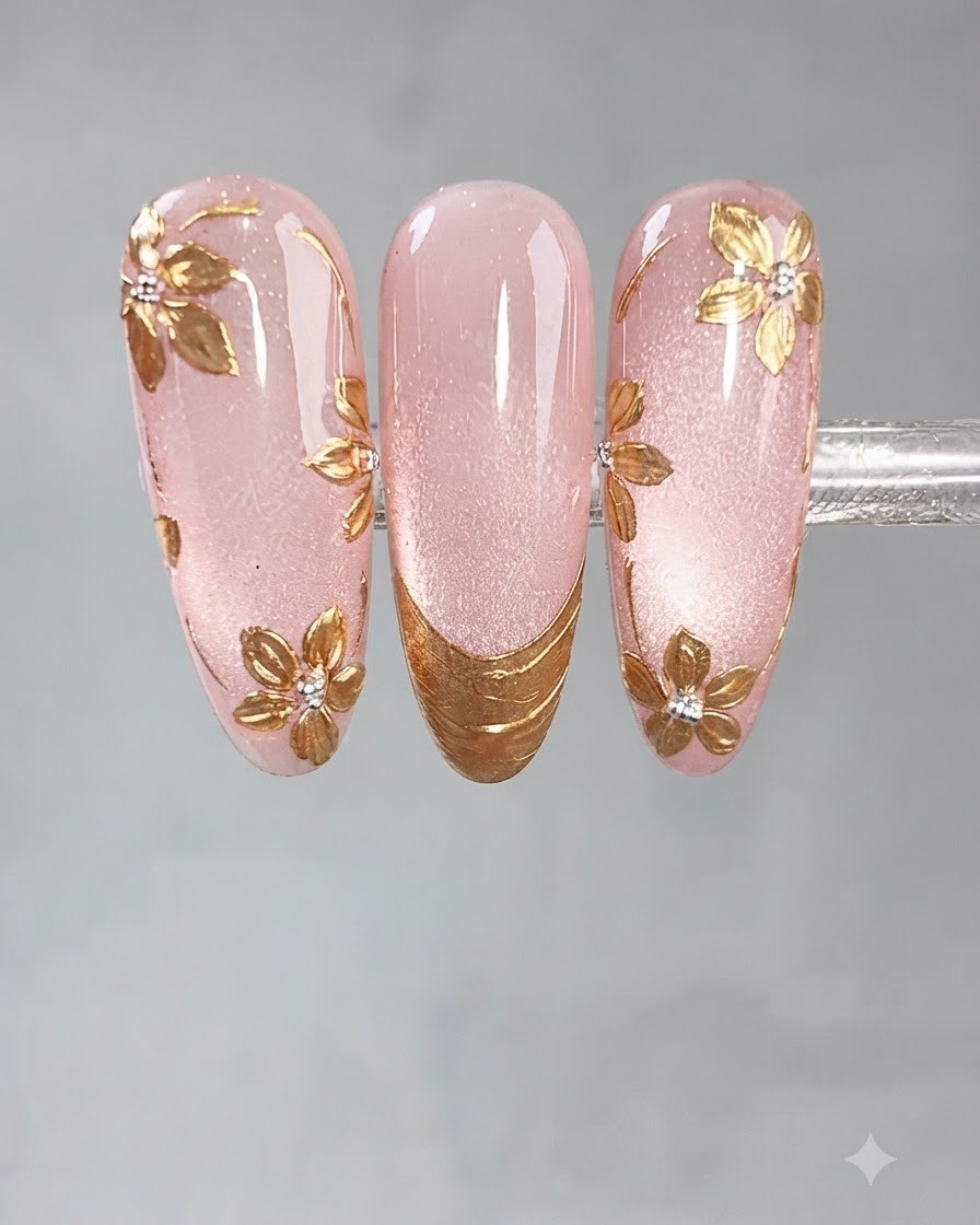 Un outil de dotting formant des pétales de fleurs avec du gel collant transparent sur un ongle rose.