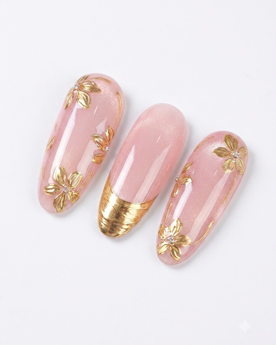 Un ongle présentant de multiples motifs floraux dessinés à la main et des vignes de connexion en gel collant.