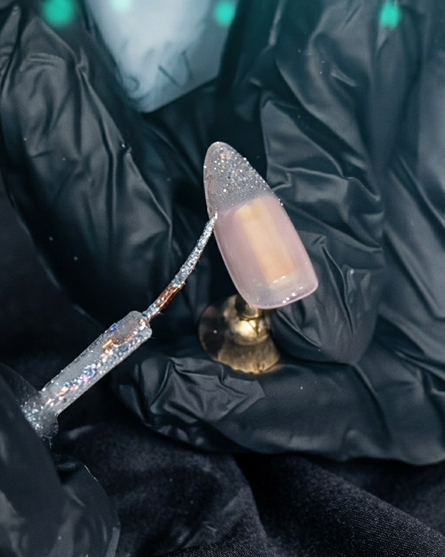 Un pinceau remplissant la partie inférieure dune French avec du gel argenté étincelant.
