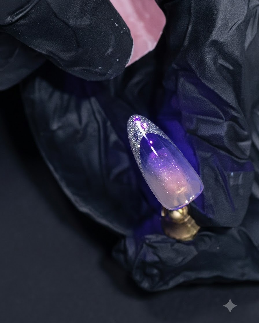 Un ongle en train de catalyser sous une lumière UV violette avec la pointe French en platine argenté brillant intensément.