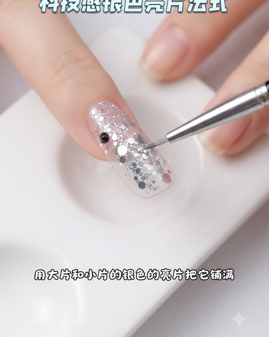 Un pinceau de détail fin ajustant de petits et grands morceaux de paillettes argentées sur la pointe French dun ongle.