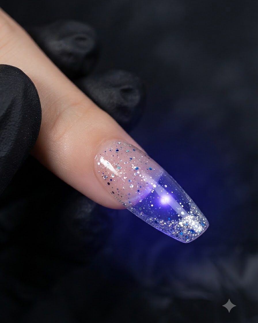 Un gros plan dun onglet avec des paillettes argentées sous la lueur dune lampe UV/LED violette pendant le processus de catalysation.