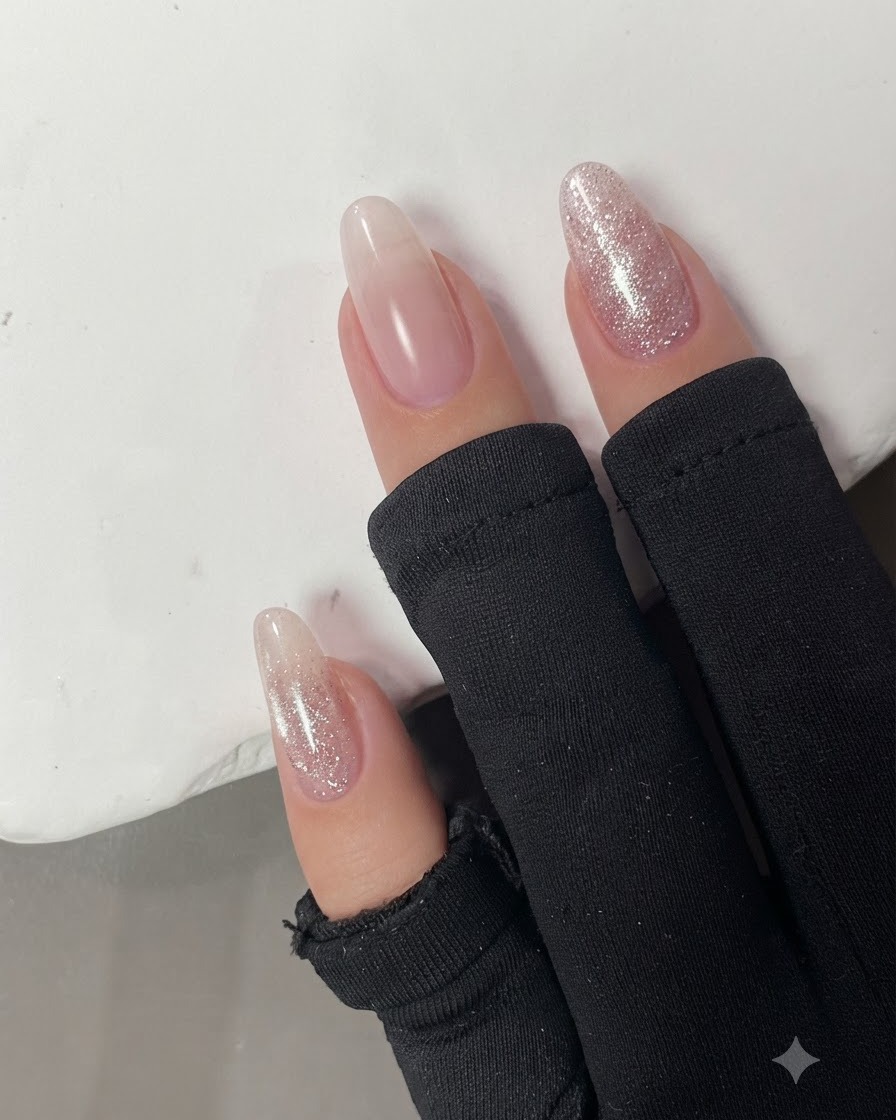 Ongles montrés après le nettoyage de lexcès de gel autour des contours de la peau.