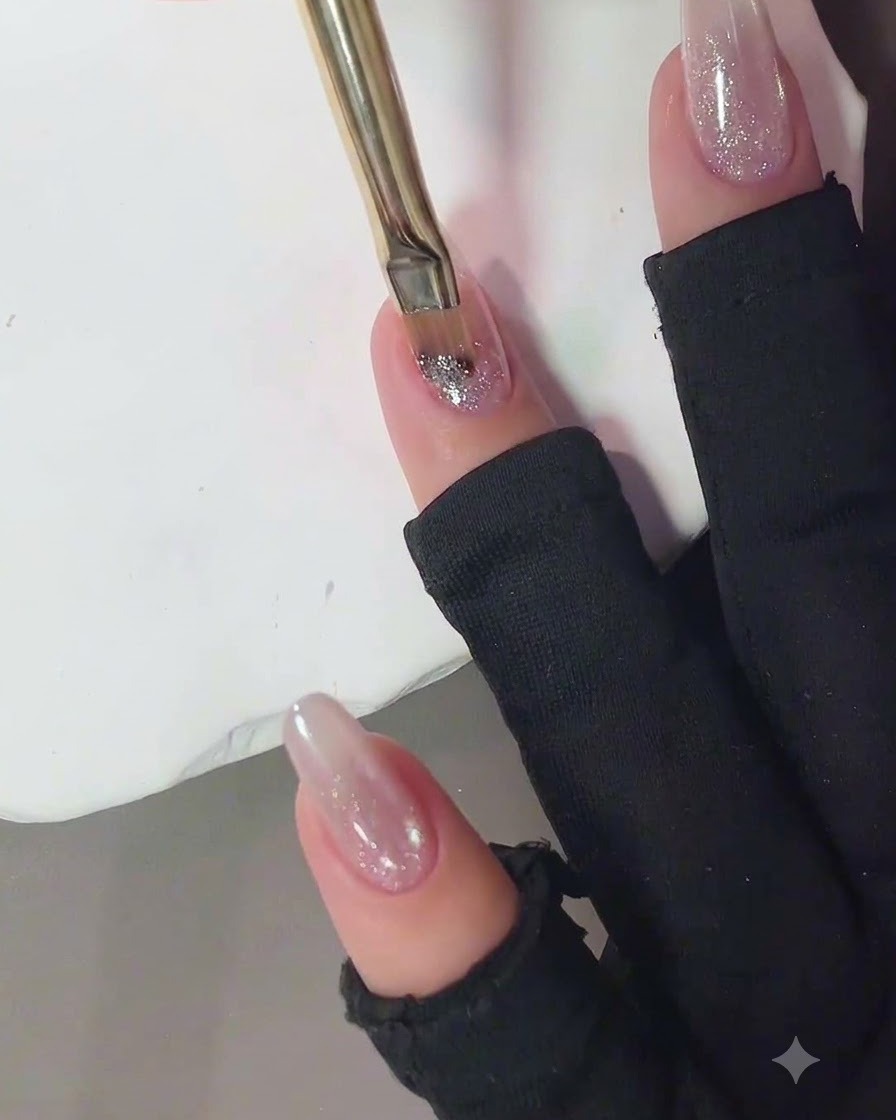 Un pinceau à ongles appliquant du gel pailleté rose diamant écrasé sur la partie supérieure dun ongle.