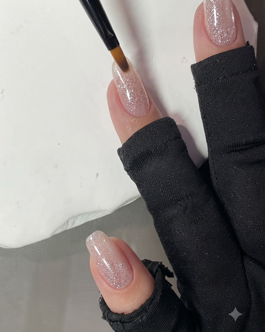 Un pinceau éventail estompant délicatement les particules de paillettes du gel rose diamant écrasé sur un ongle.