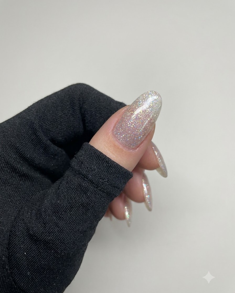 Une main montrant des ongles étincelants en gel rose diamant écrasé entièrement catalysés sous un éclairage de studio.