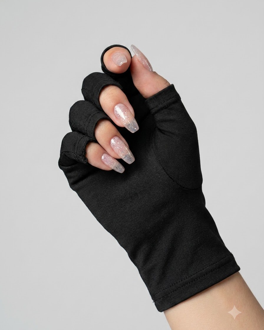 Une main portant des gants noirs sans doigts montrant des ongles recouverts de gel de renforcement transparent.