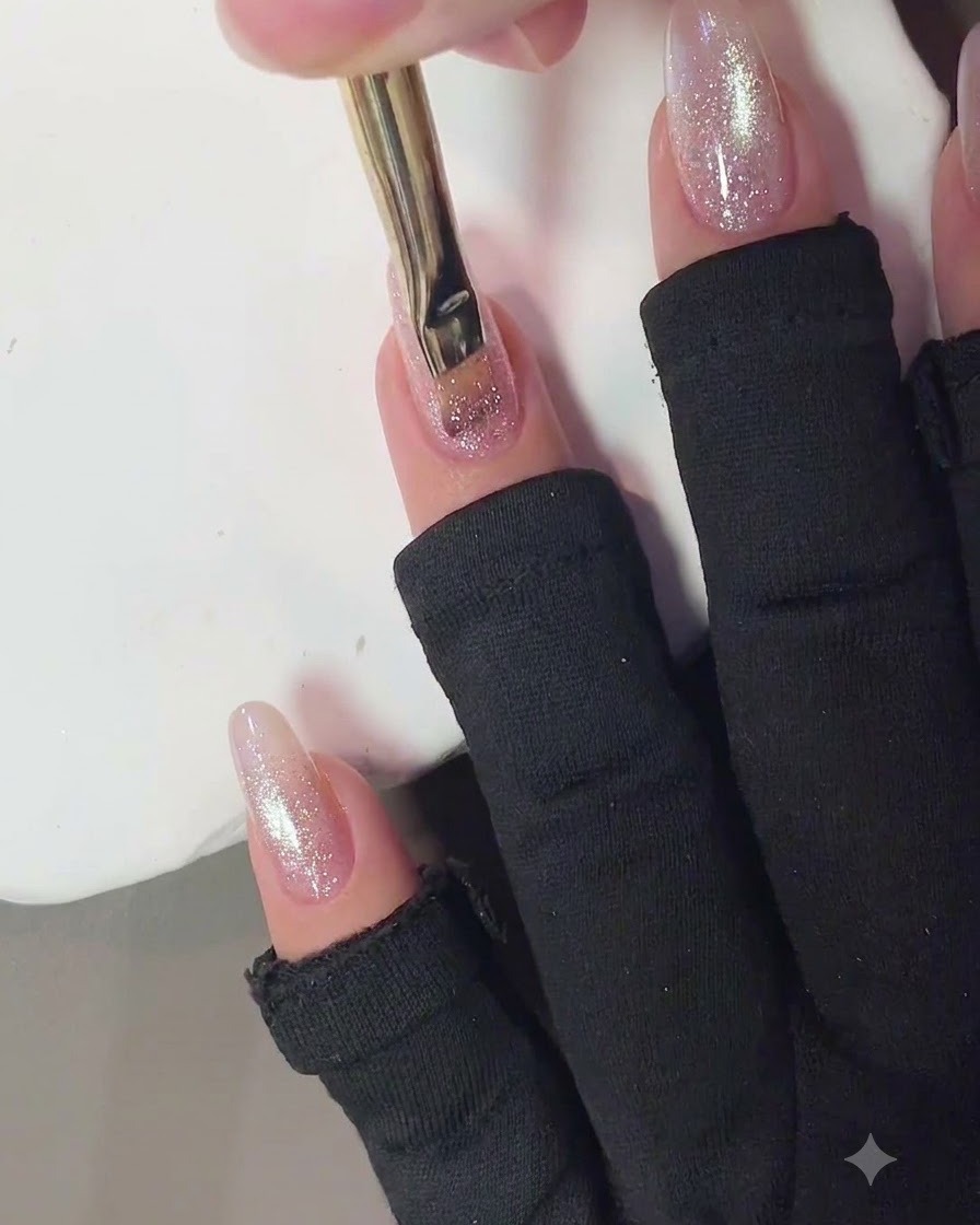 Un pinceau à ongles appliquant une couche de gel rose cat eye sur un ongle manucuré.