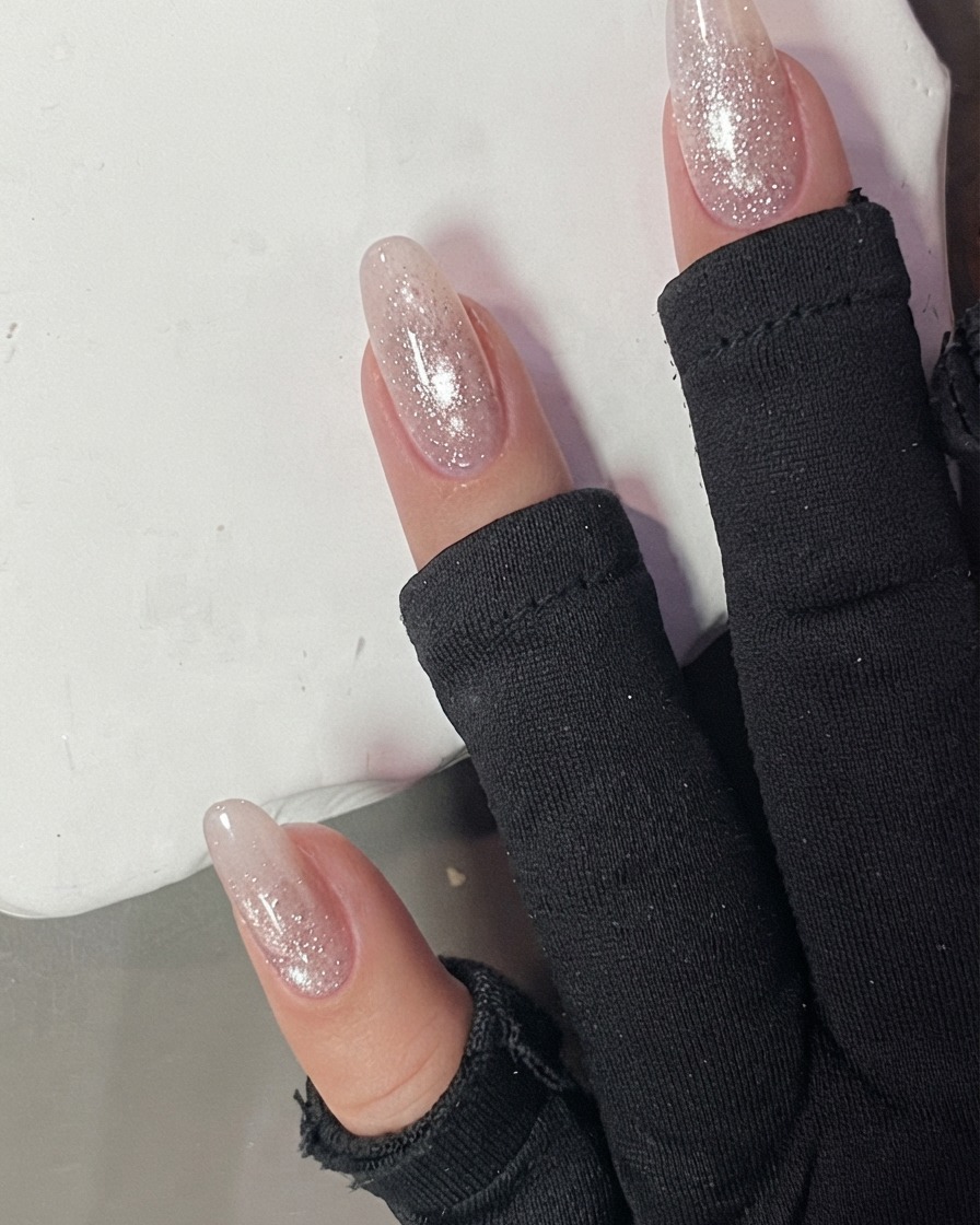 Doigts avec du gel rose cat-eye placés à lintérieur dune lampe de catalysation sous une lumière vive.