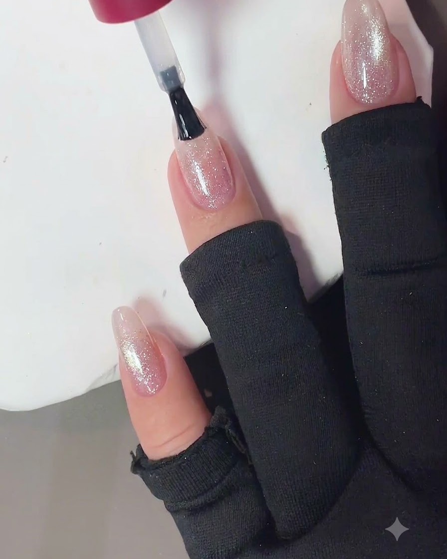Un pinceau à ongles appliquant un top coat brillant sans résidu sur un ongle fini rose diamant écrasé cat eye.