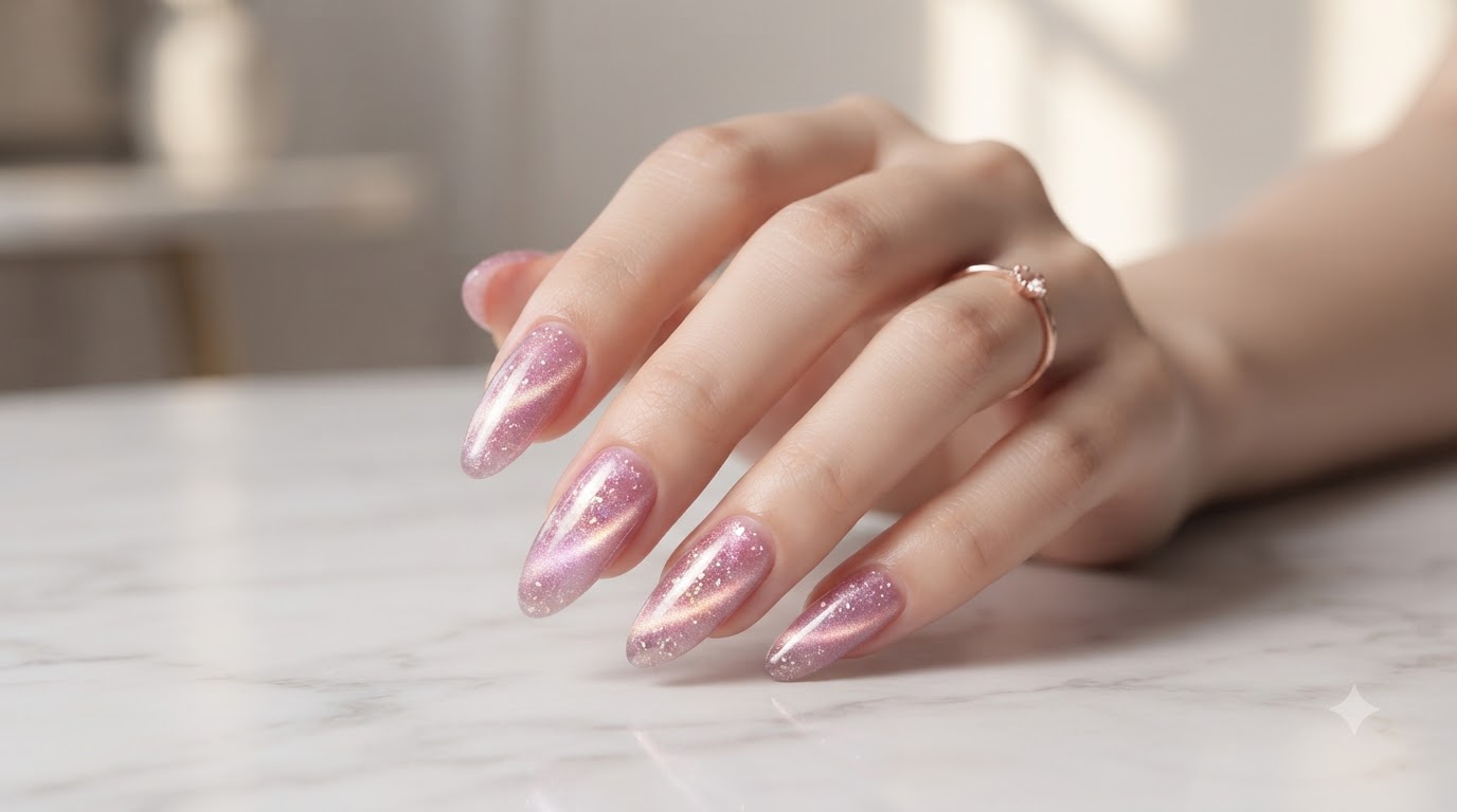 Ongles Effet Cat Eye Diamant Écrasé Rose — Tutoriel Gel Étape par Étape