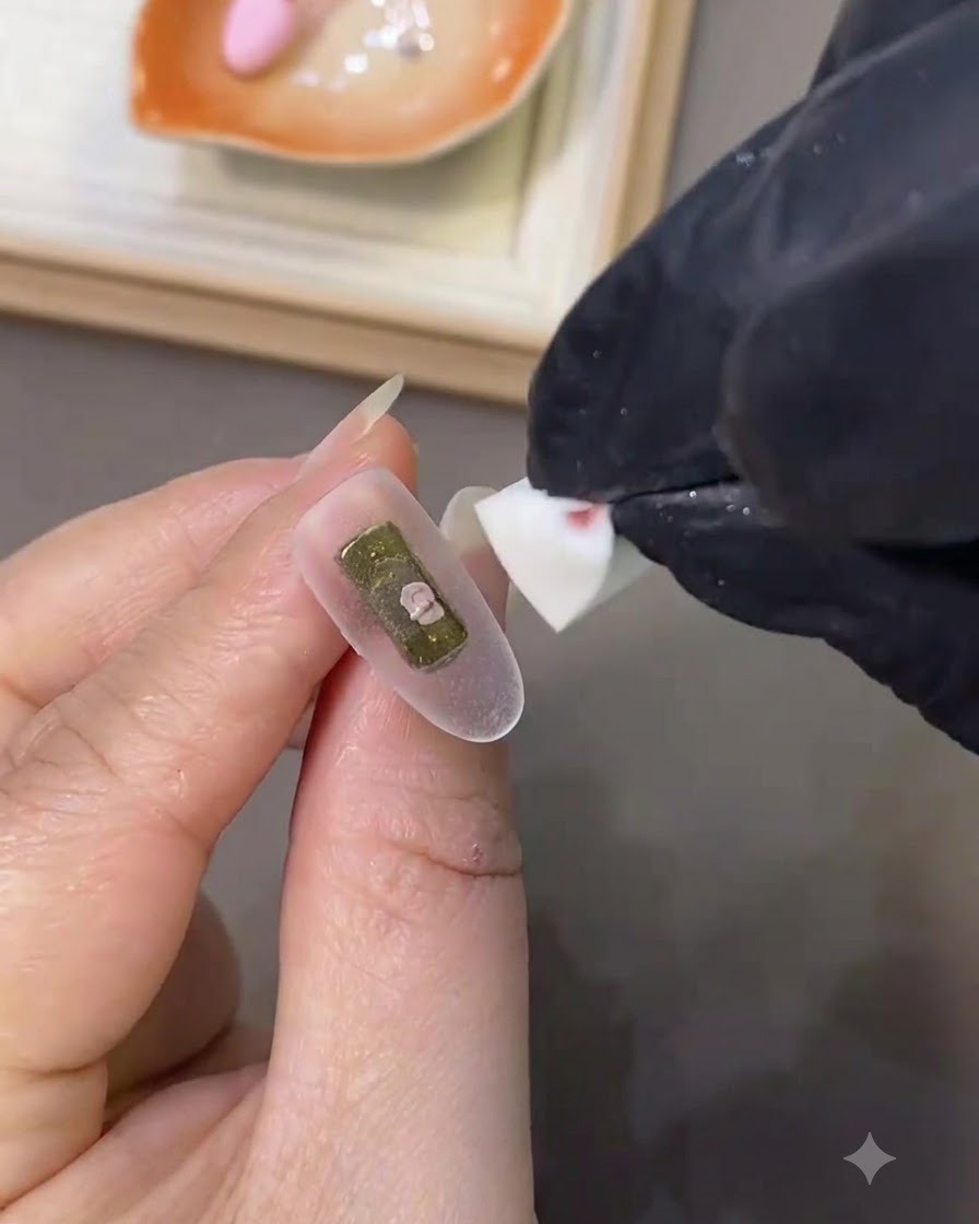 Un pinceau à ongle appliquant une couche lisse de vernis gel blanc laiteux sur la surface dun ongle préparé.