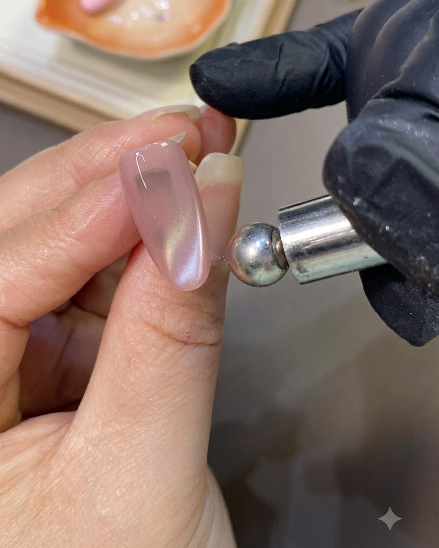 Un outil aimanté sphérique façonnant un reflet perlé dœil-de-chat concentré sur un ongle en gel rose.