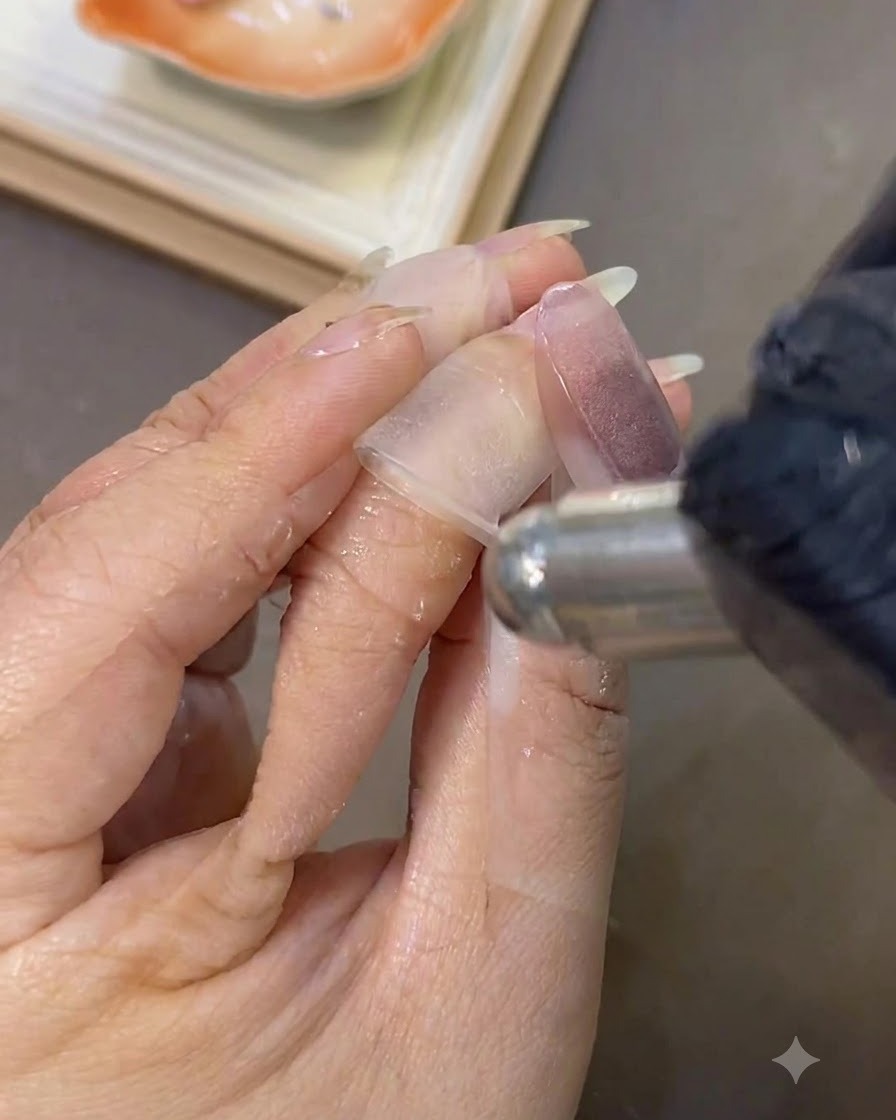 Une main gantée utilisant une lingette imbibée de cleaner sur la surface dun ongle œil-de-chat terminé.