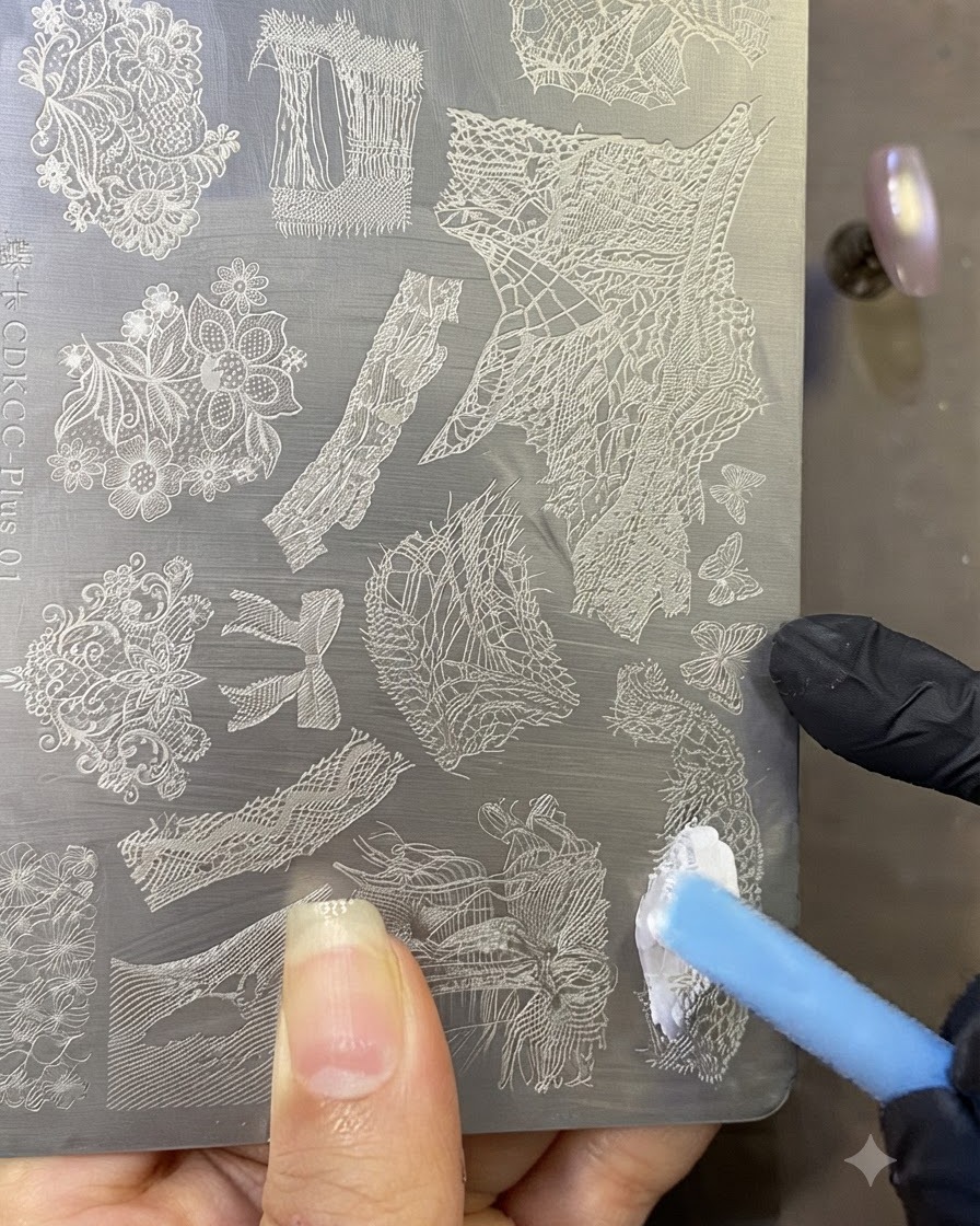 Une main gantée tenant une carte racloir en biais sur une plaque de stamping métallique remplie de vernis blanc.