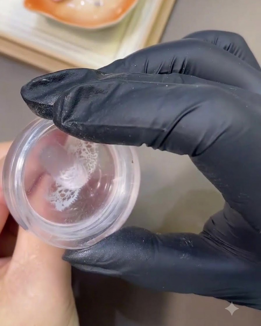 Un tampon en silicone transparent tenant un motif de dentelle blanche en cours dapplication sur la surface dun ongle décoré.