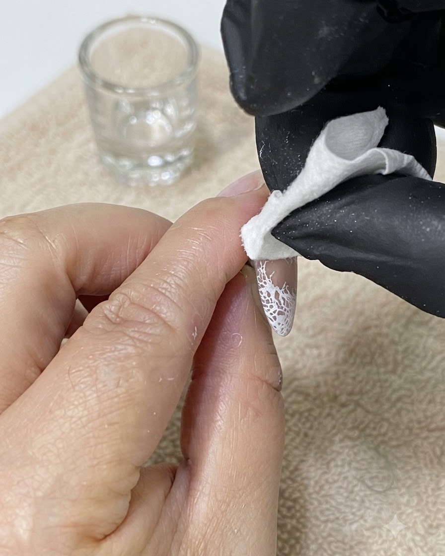 Un doigt ganté utilisant une lingette pour nettoyer lexcédent de vernis gel autour des bords dun ongle manucuré.