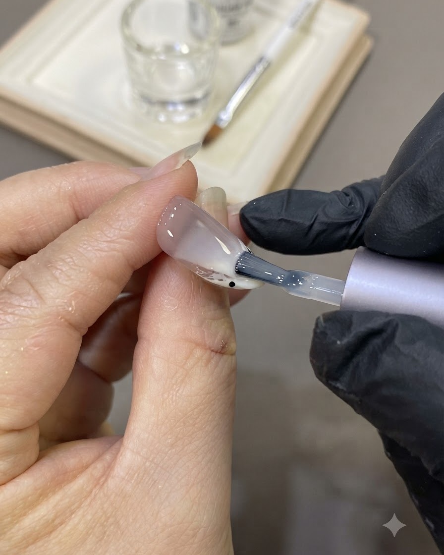 Un pinceau appliquant une couche de nivellement transparente de gel de construction sur la surface de longle décoré.