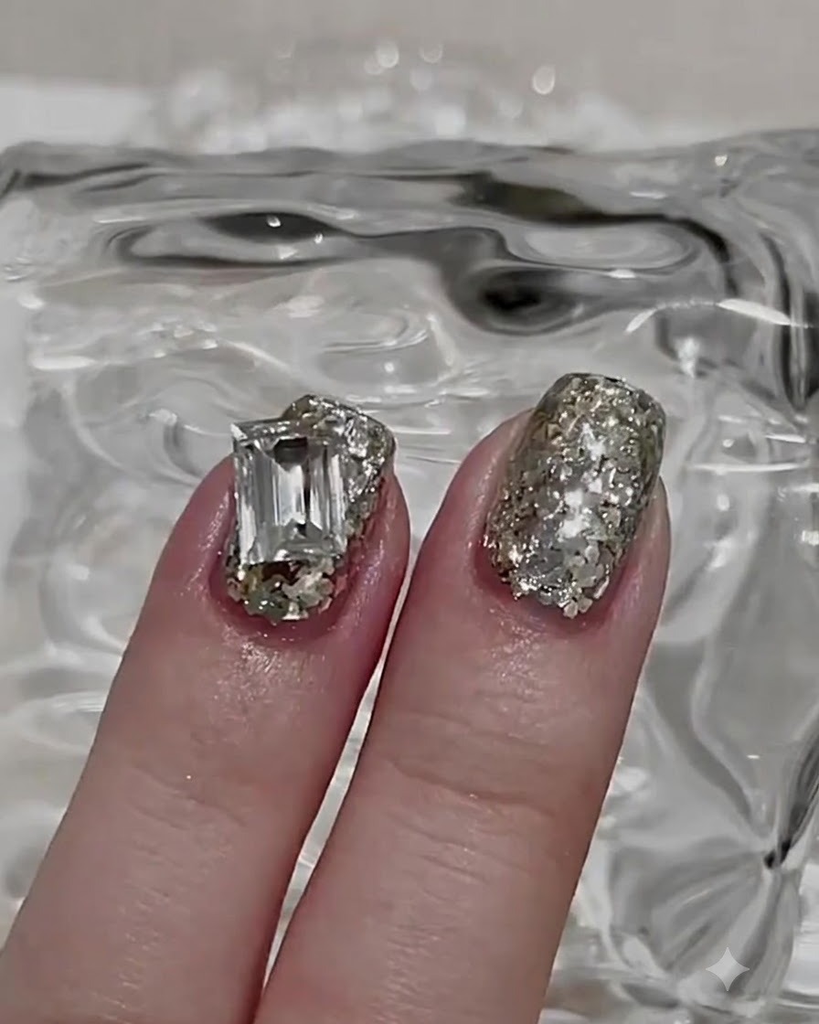 Gros plan dune main appliquant un gel de base transparent sur les ongles avec un pinceau.
