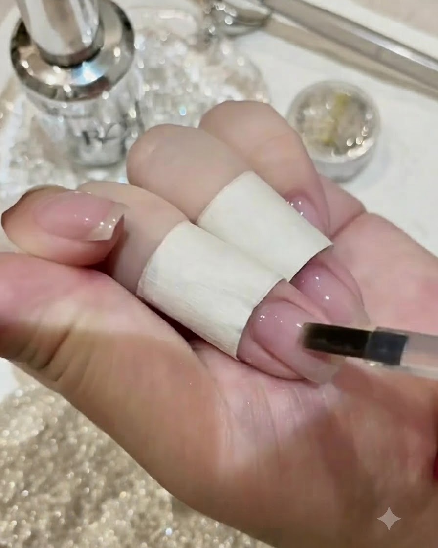 Main utilisant une lime à ongles pour lisser délicatement une section spécifique de la surface de longle pour la pose du gemme.