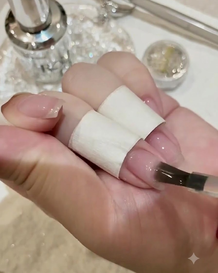 Pinceau de détail plaçant une goutte précise de colle adhésive épaisse pour strass sur la surface de longle préparée.