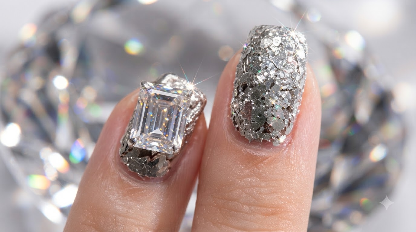 Ongles Statement Paillettes Argentées et Gemmes — Tutoriel Étape par Étape