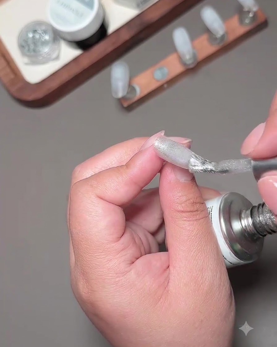 Un pinceau appliquant du vernis gel œil-de-chat argenté à fragments sur une capsule dongle.