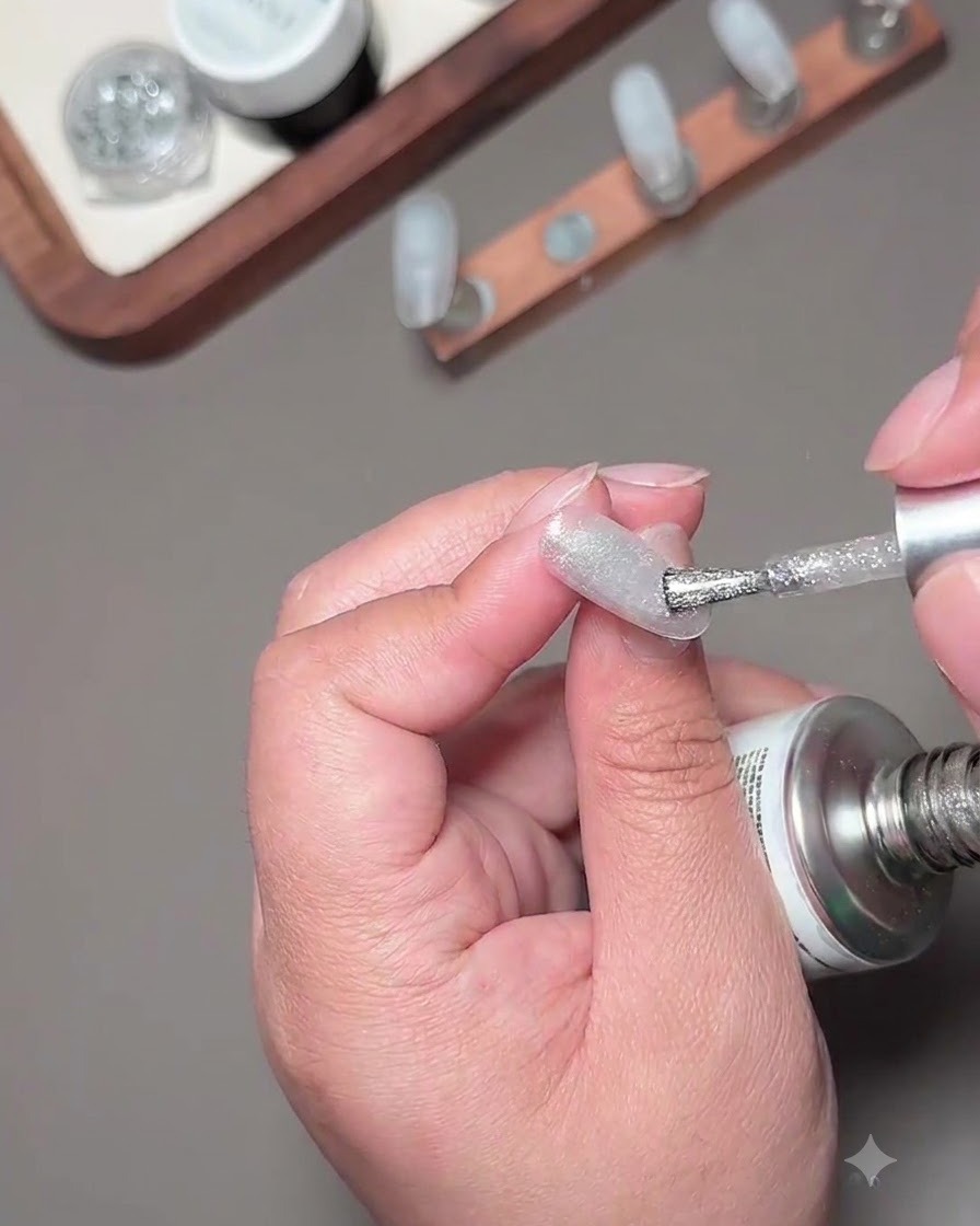 Un outil aimanté rond tenu près dun ongle verni en gel œil-de-chat pour concentrer le reflet.