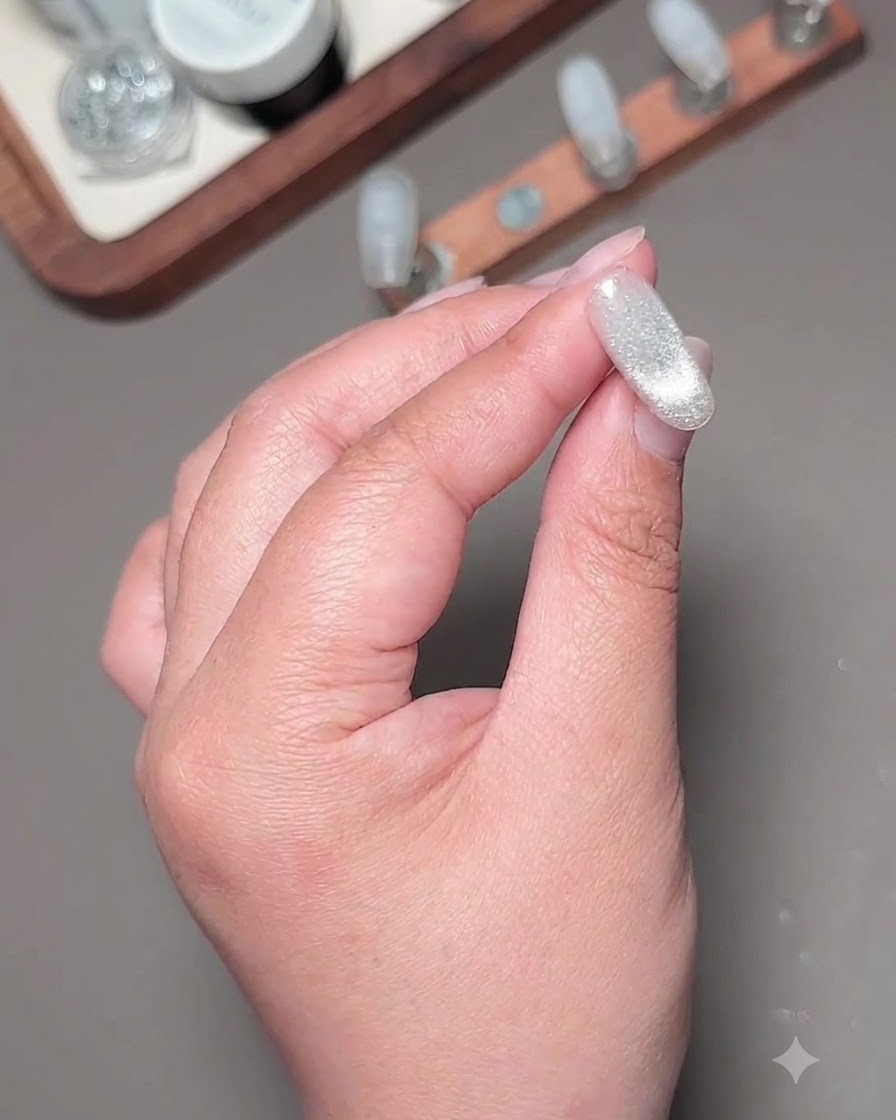 Un ongle œil-de-chat catalysé affichant une texture mate douce sous un éclairage de studio.