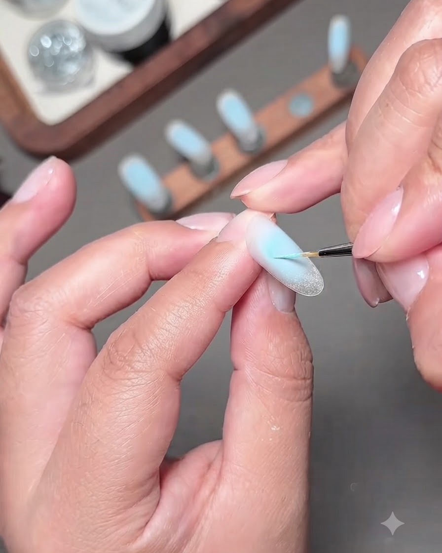 Un pinceau nail art fin peignant un délicat design de nœud papillon bleu sur la surface dun ongle.