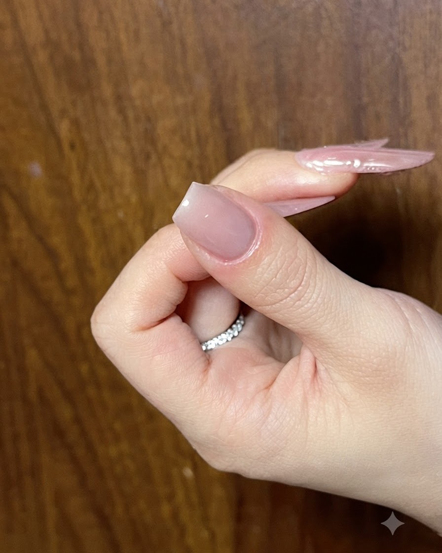 Vue rapprochée dune main montrant un ongle à la forme soignée avec une couche de base gel nude brillante appliquée.