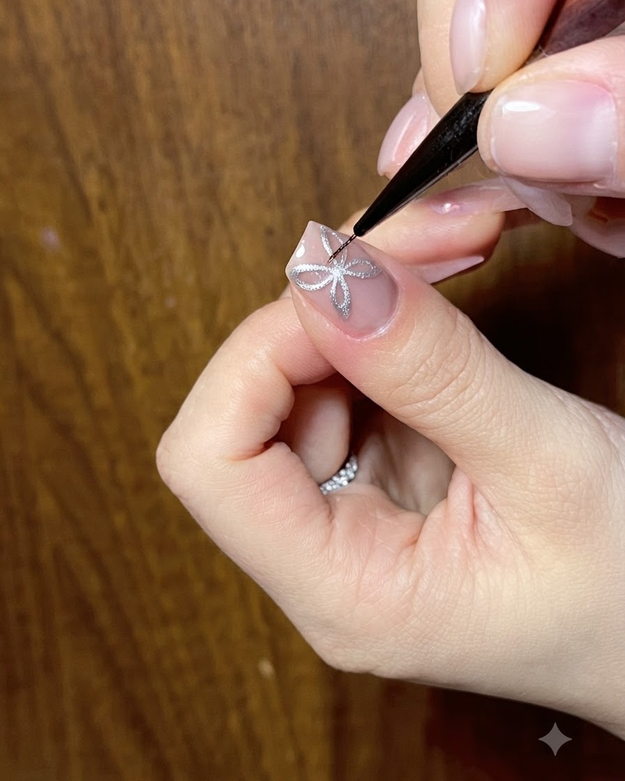 Une prothésiste ongulaire utilisant un pinceau fin pour affiner les lignes complexes dun design de nœud papillon œil-de-chat argenté sur un ongle.