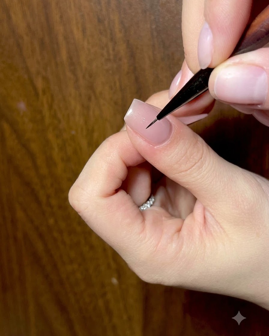 Gros plan dun pinceau appliquant un top coat brillant sur le nail art papillon achevé.