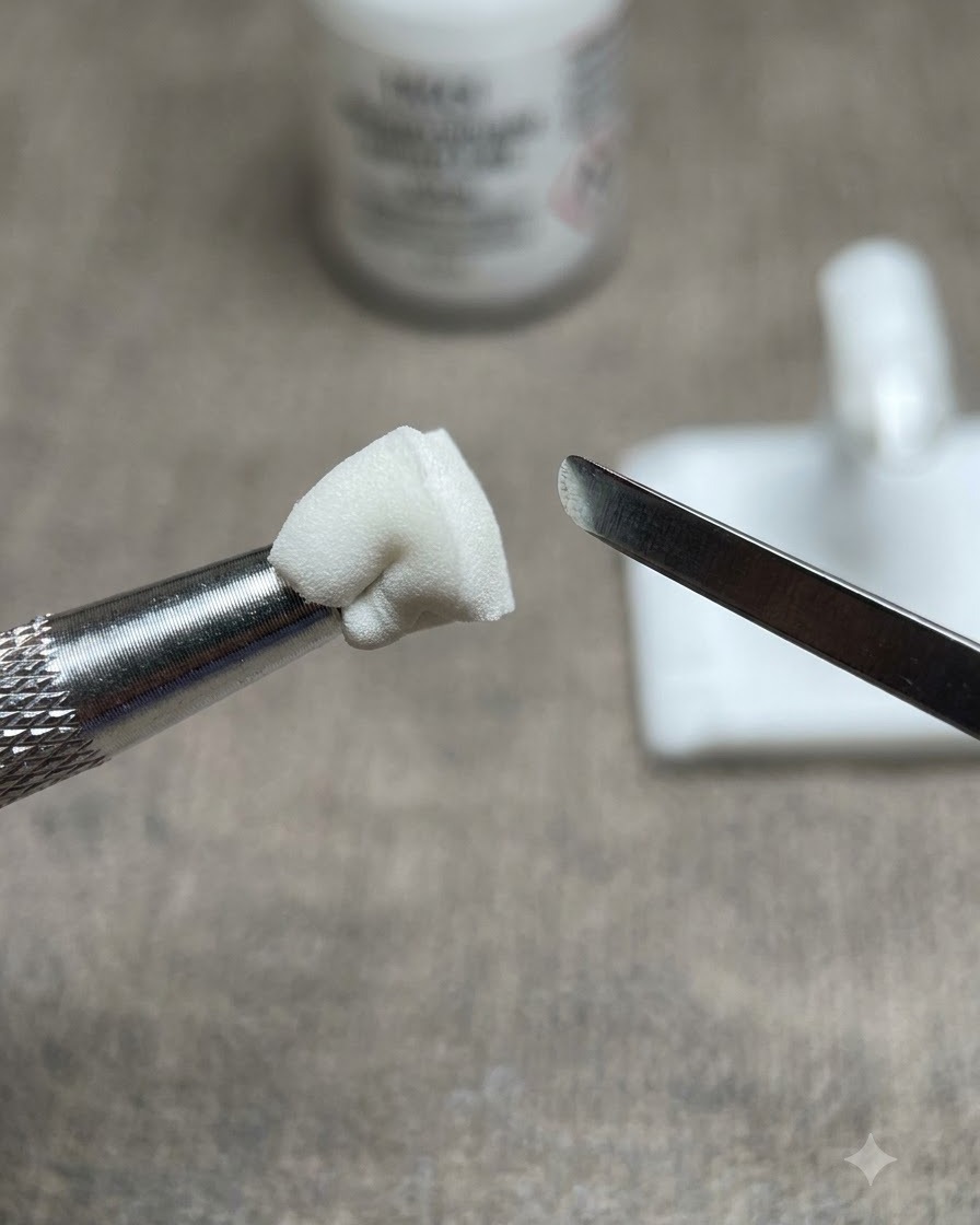 Une éponge de maquillage tenant une couleur rose clair placée près dun ongle transparent sur un plan de travail.