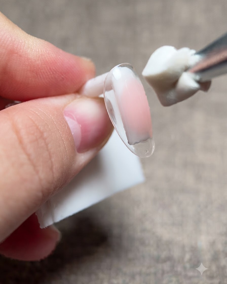 Un pinceau appliquant du gel de base transparent sur la couche de dégradé rose dun ongle transparent.
