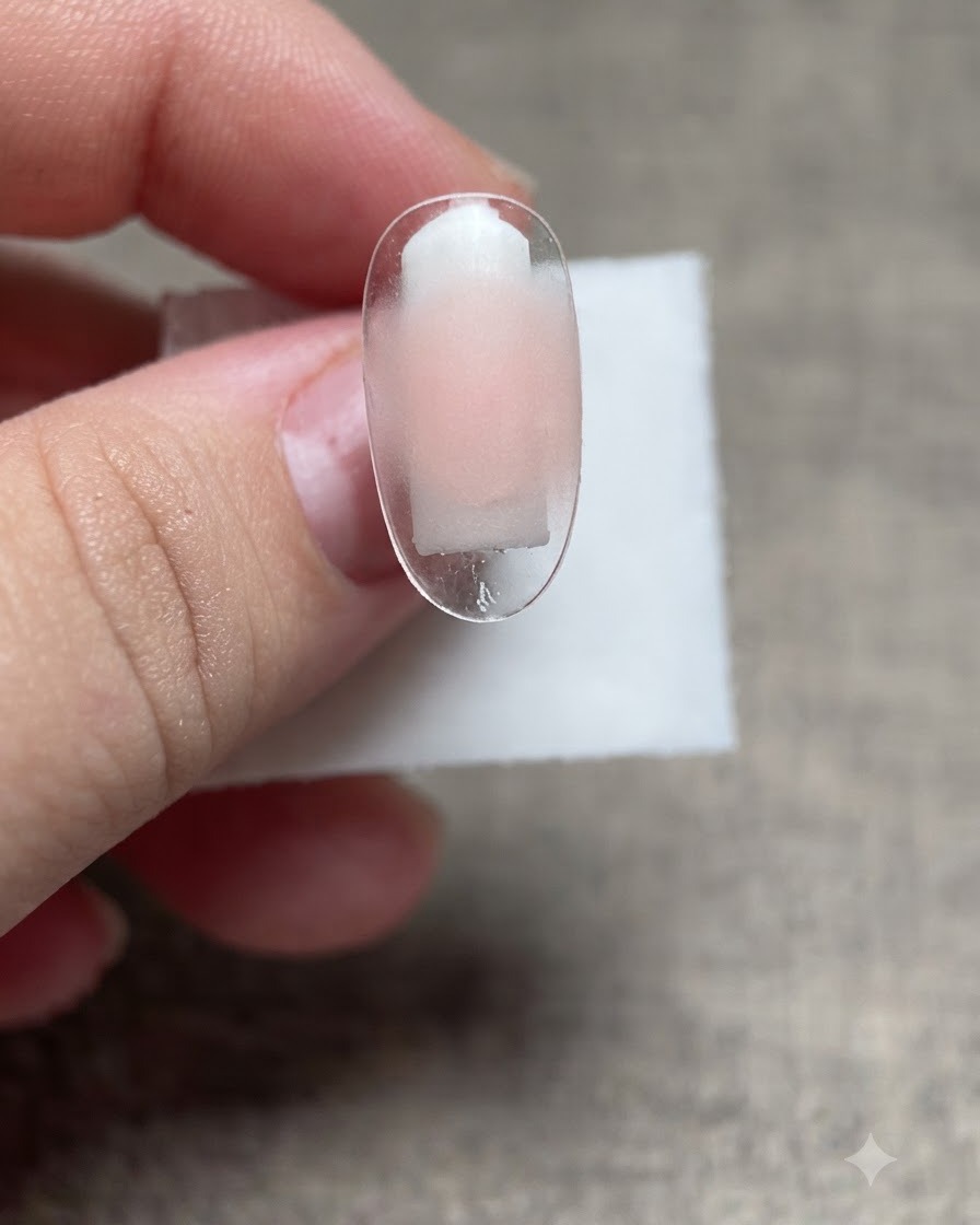 Un ongle transparent présentant un éclat subtil et une couche de vernis gel clair appliquée sur la surface.