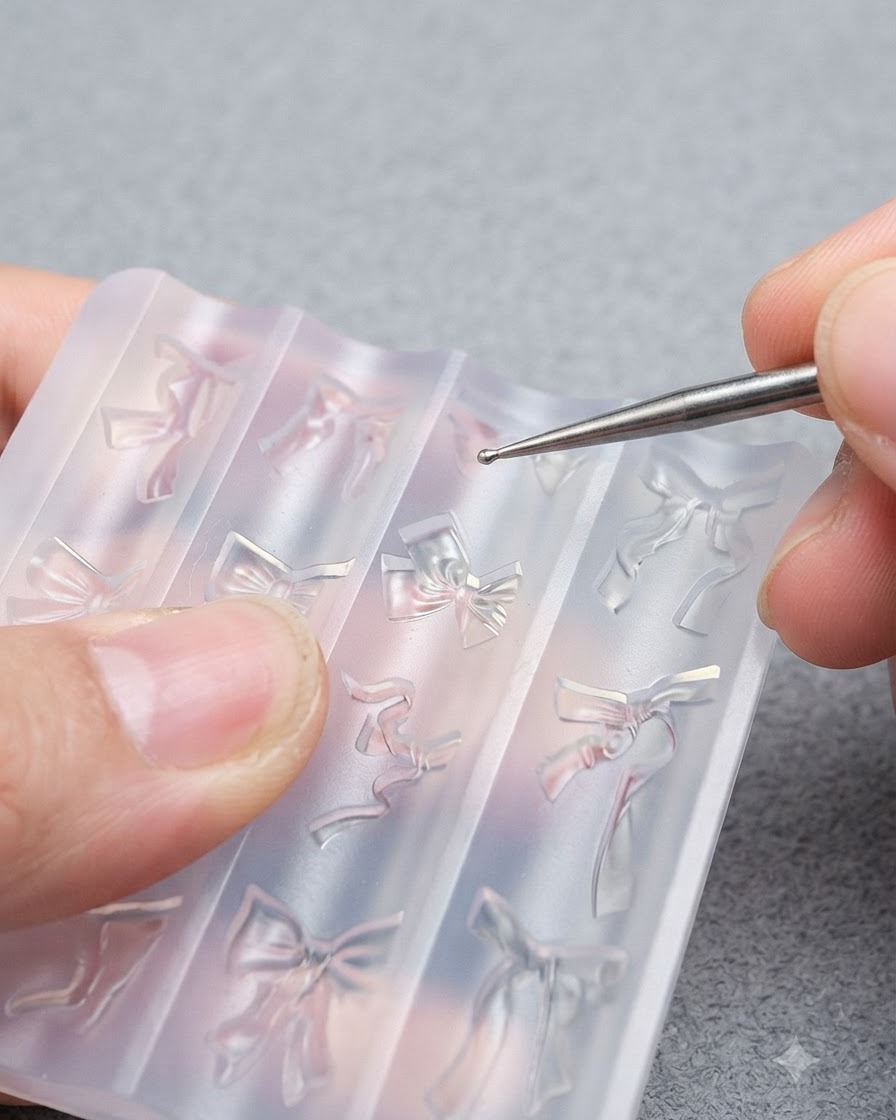 Une paire de brucelles saisissant un élément de nœud 3D transparent dans un moule de nail art en silicone.