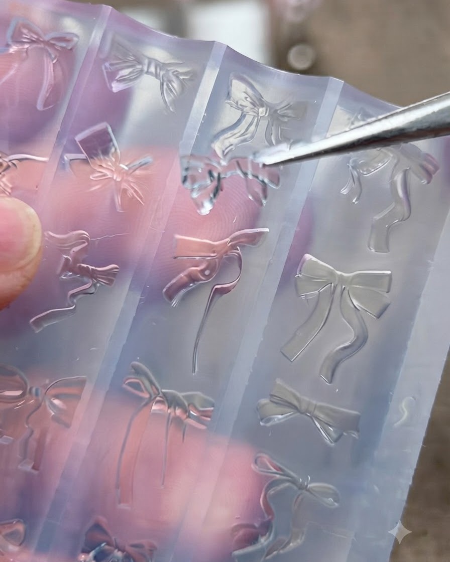 Une paire de pinces métalliques soulevant délicatement un nœud 3D transparent et durci hors dun moule de nail art en silicone.