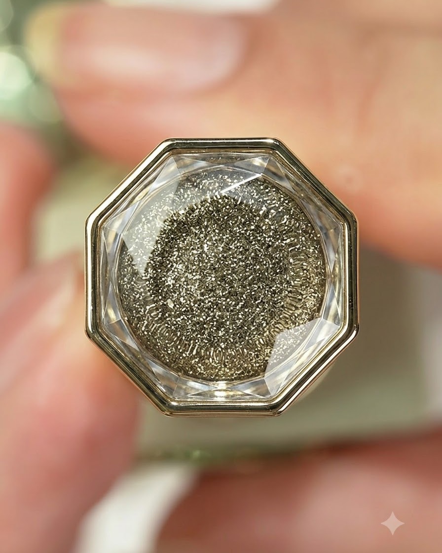 Gros plan sur un flacon de vernis gel luxueux doté dun capuchon à facettes multiples et dun contenu de paillettes dorées chatoyantes.