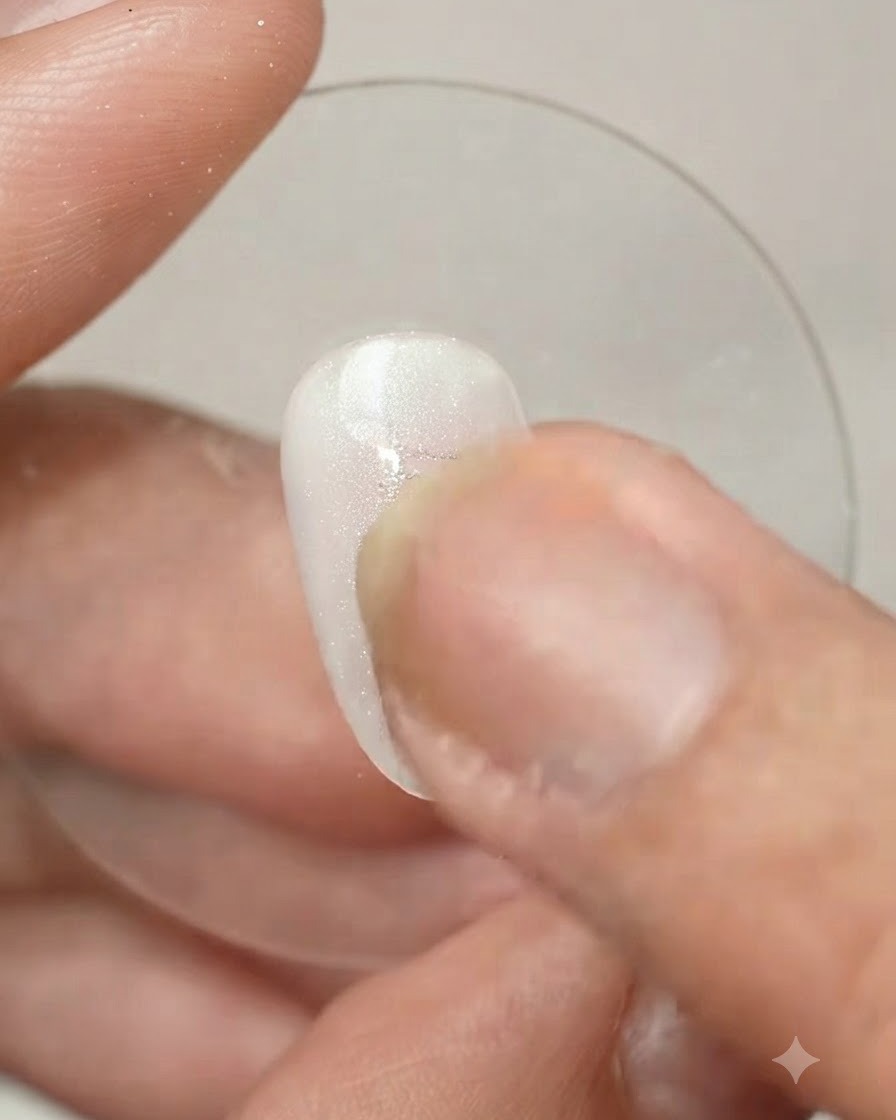Un doigt utilisant un applicateur éponge pour faire pénétrer la poudre magique Baibaoxian M01 sur la surface brillante de longle.